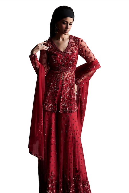 Rococo_Red Net Sequins, Beads V-neck Gul Embroidered Kurta Sharara Set _Online_at_Aza_Fashions