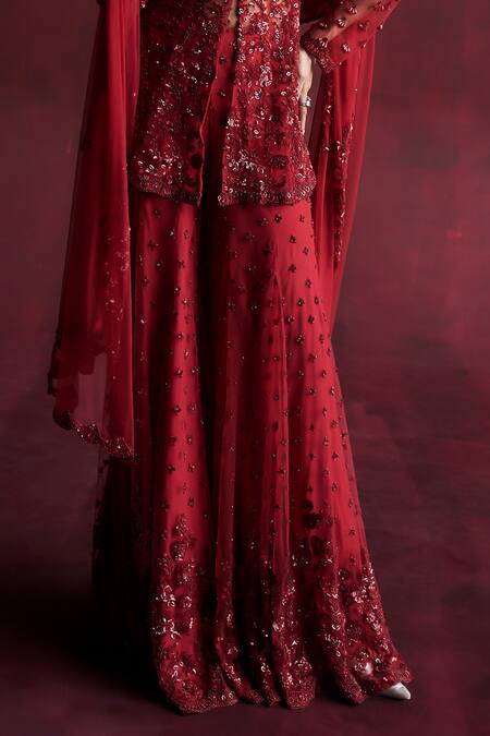 Buy_Rococo_Red Net Sequins, Beads V-neck Gul Embroidered Kurta Sharara Set _Online_at_Aza_Fashions