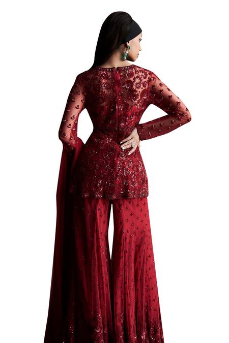 Shop_Rococo_Red Net Sequins, Beads V-neck Gul Embroidered Kurta Sharara Set _Online_at_Aza_Fashions