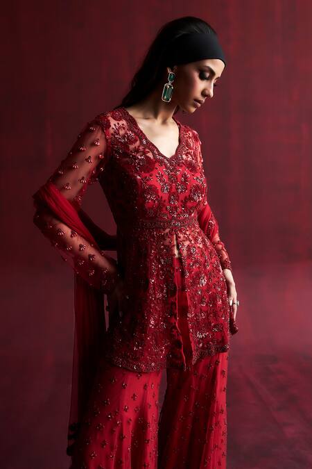 Rococo_Red Net Sequins, Beads V-neck Gul Embroidered Kurta Sharara Set _at_Aza_Fashions