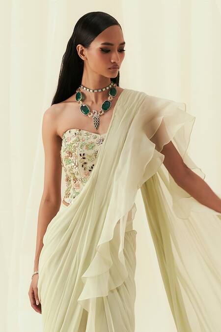 Rococo_Green Organza, Georgette Stones, Beads, Yara Pre-draped Ruffle Saree Set _Online_at_Aza_Fashions