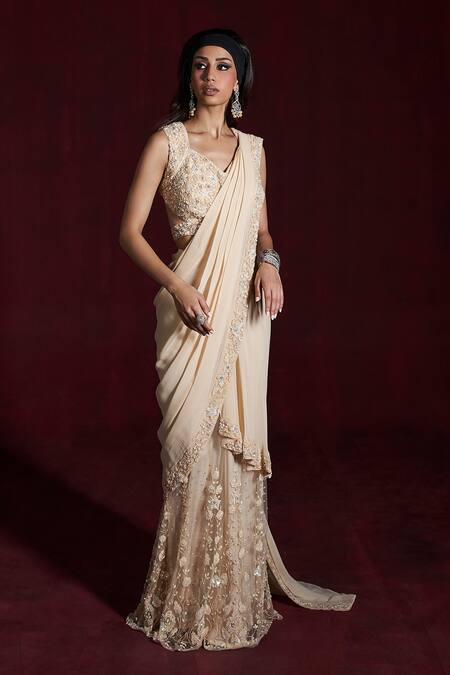 Rococo_Beige Net, Georgette Cut Work, Sequins, Heer Embroidered Pre-draped Saree Set _Online_at_Aza_Fashions