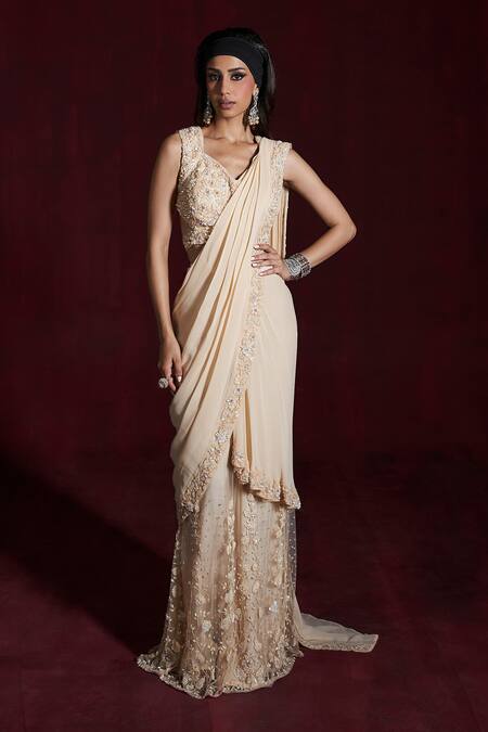 Buy_Rococo_Beige Net, Georgette Cut Work, Sequins, Heer Embroidered Pre-draped Saree Set _Online_at_Aza_Fashions
