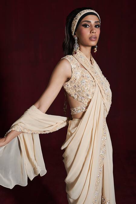 Shop_Rococo_Beige Net, Georgette Cut Work, Sequins, Heer Embroidered Pre-draped Saree Set _Online_at_Aza_Fashions