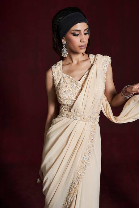 Rococo_Beige Net, Georgette Cut Work, Sequins, Heer Embroidered Pre-draped Saree Set _at_Aza_Fashions