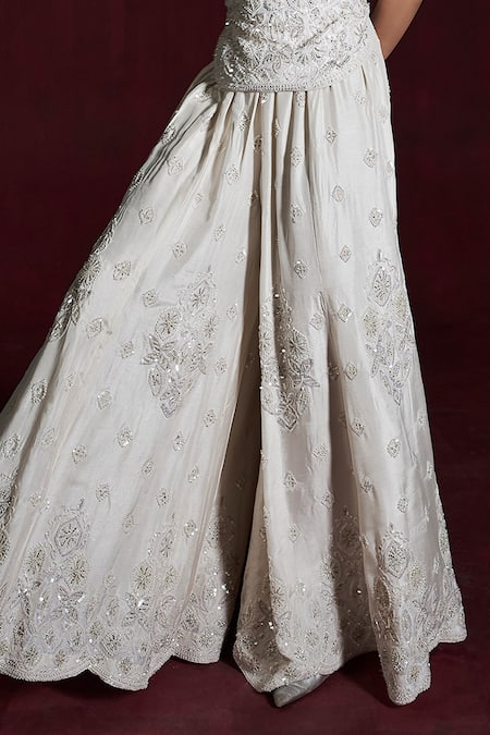 Rococo_Ivory Silk Cut Work, Pearls, Sequins Square Sabah Embroidered Top With Sharara _Online_at_Aza_Fashions