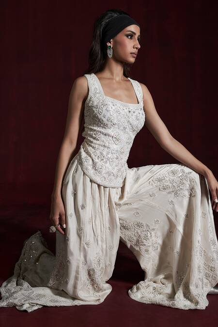 Buy_Rococo_Ivory Silk Cut Work, Pearls, Sequins Square Sabah Embroidered Top With Sharara _Online_at_Aza_Fashions
