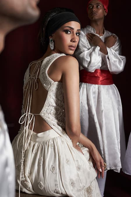 Shop_Rococo_Ivory Silk Cut Work, Pearls, Sequins Square Sabah Embroidered Top With Sharara _Online_at_Aza_Fashions