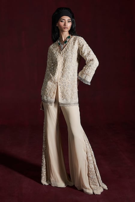 Rococo Beige Organza Embroidered Threadwork V-neck Soha Jacket With Pant 