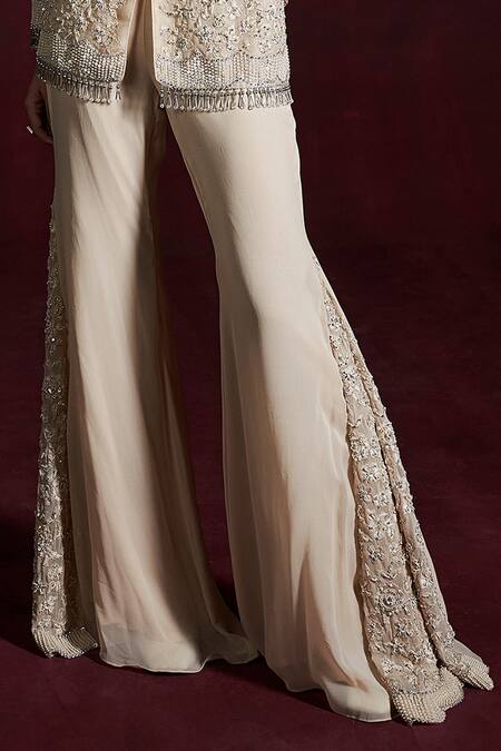 Rococo_Beige Organza, Georgette Embroidery, Pearls, Sequins Soha Jacket With Pant _Online_at_Aza_Fashions