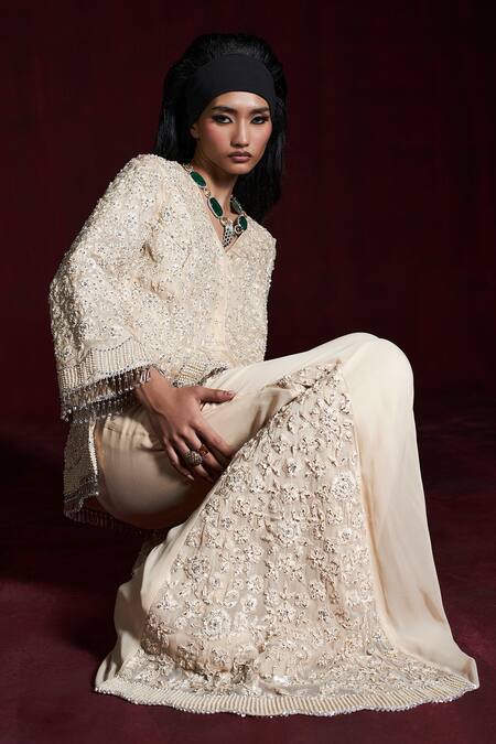 Buy_Rococo_Beige Organza, Georgette Embroidery, Pearls, Sequins Soha Jacket With Pant _Online_at_Aza_Fashions