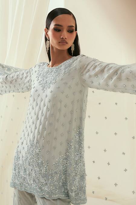 Rococo_Blue Silk, Net Cut Work, Sequins, Rabia Embroidered Short Kurta Sharara Set _Online_at_Aza_Fashions