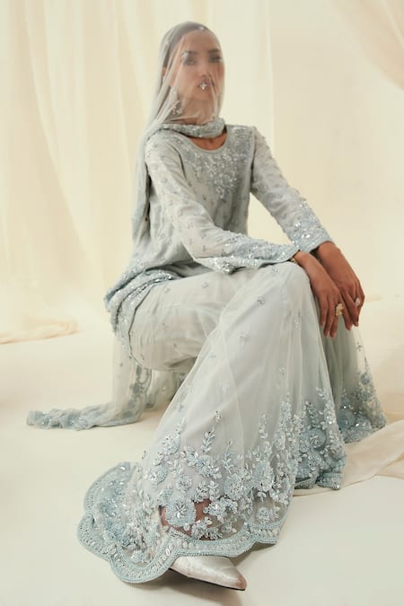 Buy_Rococo_Blue Silk, Net Cut Work, Sequins, Rabia Embroidered Short Kurta Sharara Set _Online_at_Aza_Fashions