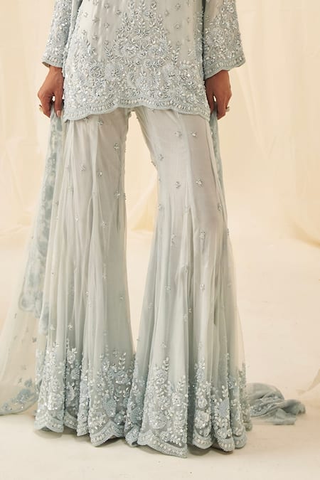 Shop_Rococo_Blue Silk, Net Cut Work, Sequins, Rabia Embroidered Short Kurta Sharara Set _Online_at_Aza_Fashions