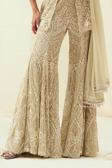 Rococo_Green Net Sequins, Cut Work Sweetheart Zoya Embroidered Tube Peplum Sharara Set _Online_at_Aza_Fashions