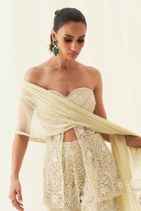 Buy_Rococo_Green Net Sequins, Cut Work Sweetheart Zoya Embroidered Tube Peplum Sharara Set _Online_at_Aza_Fashions