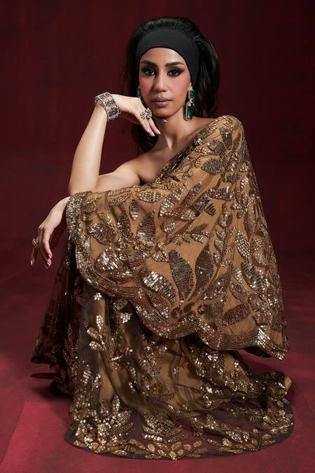 Buy_Rococo_Brown Net Sequins Dina Embroidered Cape With Sharara _Online_at_Aza_Fashions