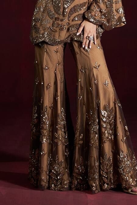 Shop_Rococo_Brown Net Sequins Dina Embroidered Cape With Sharara _Online_at_Aza_Fashions