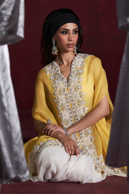 Buy_Rococo_Yellow Organza, Georgette Pearls, Sohar Embroidered Cape With Draped Skirt Set _Online_at_Aza_Fashions