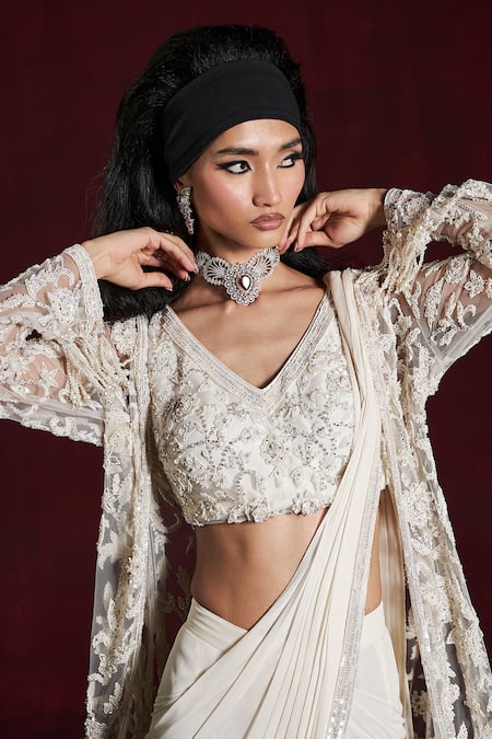 Buy_Rococo_Ivory Net, Georgette Sequins, Cut Work Hala Pre-draped Saree With Jacket Set _Online_at_Aza_Fashions