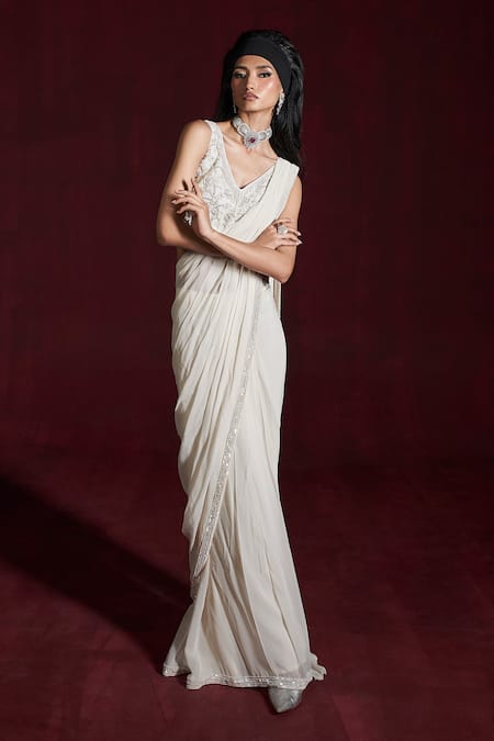 Shop_Rococo_Ivory Net, Georgette Sequins, Cut Work Hala Pre-draped Saree With Jacket Set _Online_at_Aza_Fashions