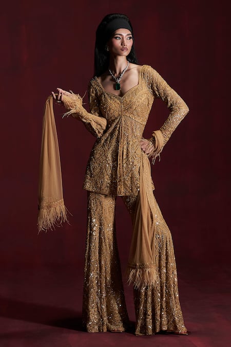 Rococo Gold Net Embroidered Sequin Sweetheart Zareen Peplum Sharara Set 