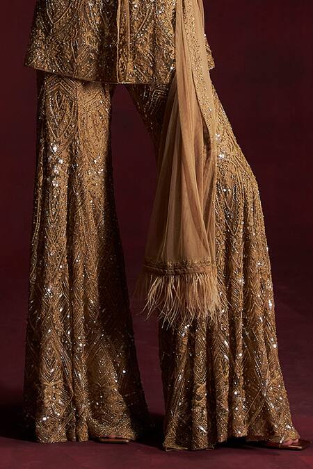 Buy_Rococo_Gold Net Sequins, Cut Work Sweetheart Neck Zareen Embroidered Peplum Sharara Set _Online_at_Aza_Fashions