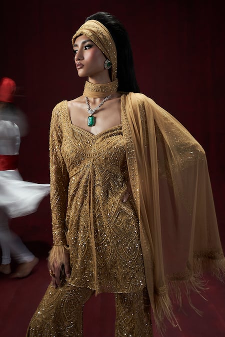 Shop_Rococo_Gold Net Sequins, Cut Work Sweetheart Neck Zareen Embroidered Peplum Sharara Set _Online_at_Aza_Fashions