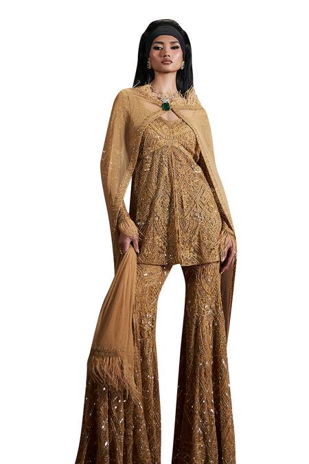 Rococo_Gold Net Sequins, Cut Work Sweetheart Neck Zareen Embroidered Peplum Sharara Set _at_Aza_Fashions