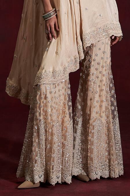 Rococo_Beige Silk, Net Sequins, Cut Work Lana Embroidered Cape With Sharara _Online_at_Aza_Fashions