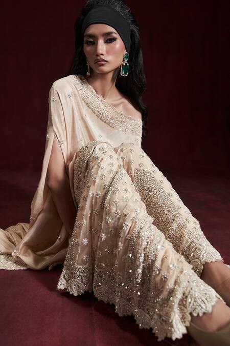 Buy_Rococo_Beige Silk, Net Sequins, Cut Work Lana Embroidered Cape With Sharara _Online_at_Aza_Fashions