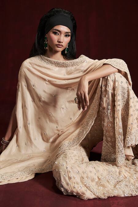 Shop_Rococo_Beige Silk, Net Sequins, Cut Work Lana Embroidered Cape With Sharara _Online_at_Aza_Fashions