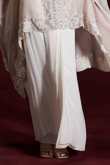 Rococo_Ivory Organza, Georgette Sequins, Amala Embroidered Cape With Draped Skirt Set _Online_at_Aza_Fashions