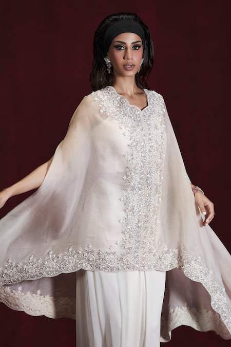 Buy_Rococo_Ivory Organza, Georgette Sequins, Amala Embroidered Cape With Draped Skirt Set _Online_at_Aza_Fashions