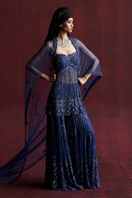 Rococo Blue Net Embroidered Sequin Sweetheart Rani Tube Peplum Sharara Set 