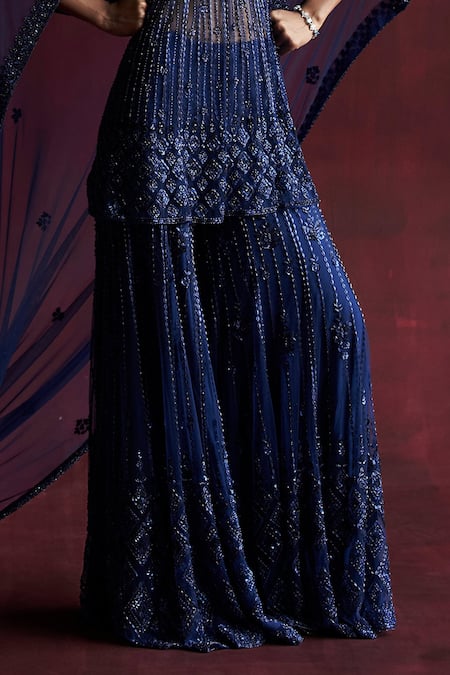 Rococo_Blue Net Sequins, Cut Work, Beads Rani Embroidered Tube Peplum Sharara Set _Online_at_Aza_Fashions