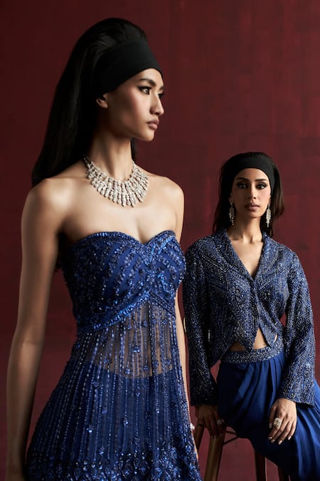 Buy_Rococo_Blue Net Sequins, Cut Work, Beads Rani Embroidered Tube Peplum Sharara Set _Online_at_Aza_Fashions