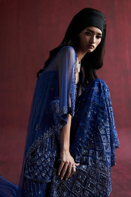 Shop_Rococo_Blue Net Sequins, Cut Work, Beads Rani Embroidered Tube Peplum Sharara Set _Online_at_Aza_Fashions