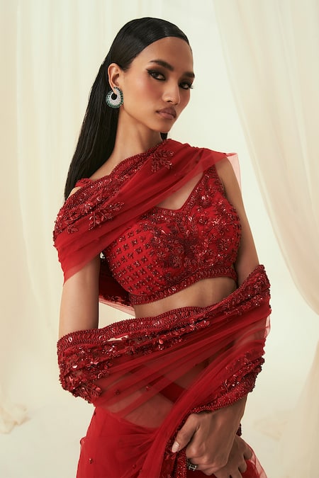Buy_Rococo_Red Net Cut Work, Sequins, Pearls V-neck Lina Embroidered Pre-draped Saree Set _Online_at_Aza_Fashions