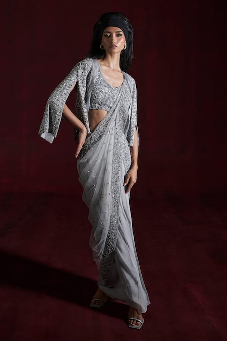 Rococo Grey Net Embroidered Sequin V-neck Asma Pre-draped Saree Set With Cape 