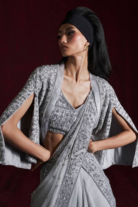 Buy_Rococo_Grey Silk, Net, Georgette Asma Embroidered Pre-draped Saree Set With Cape _Online_at_Aza_Fashions