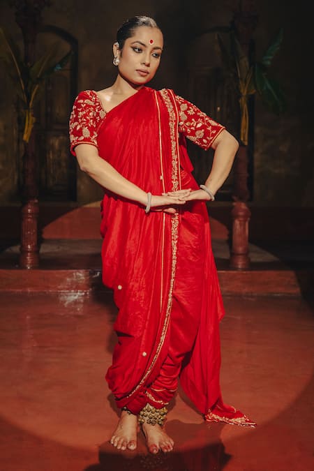Shop_Label Earthen_Red Silk Zari, Embroidery Amoha Border Saree _at_Aza_Fashions
