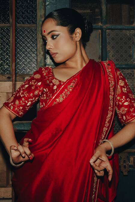 Shop_Label Earthen_Red Silk Zari, Embroidery Amoha Border Saree _Online_at_Aza_Fashions