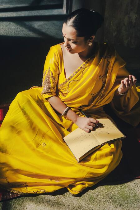 Label Earthen_Yellow Silk Zari, Embroidery Anvita Zardozi Saree With Blouse _at_Aza_Fashions