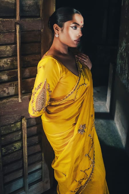 Shop_Label Earthen_Yellow Silk Zari, Embroidery Anvita Zardozi Saree _at_Aza_Fashions