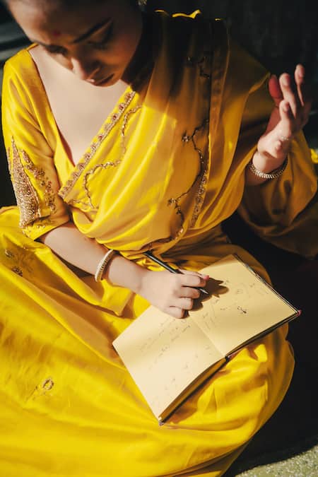 Shop_Label Earthen_Yellow Silk Zari, Embroidery Anvita Zardozi Saree _Online_at_Aza_Fashions