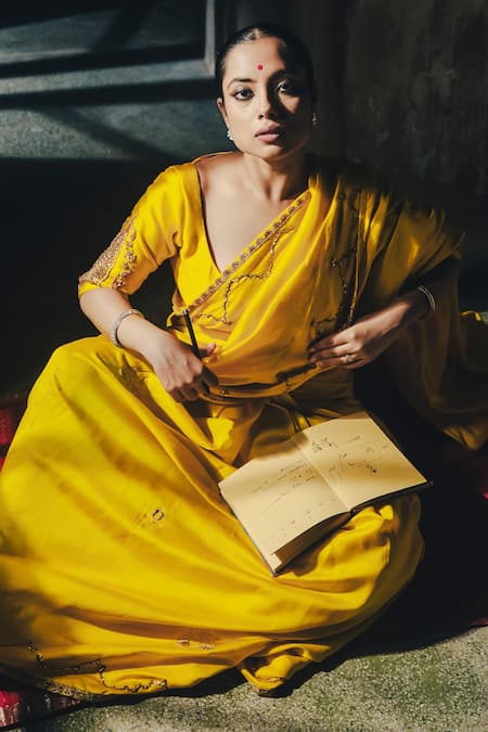 Label Earthen_Yellow Silk Zari, Embroidery Anvita Zardozi Saree _at_Aza_Fashions