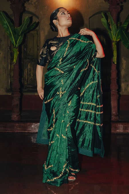 Shop_Label Earthen_Green Chanderi , Embroidery Ujjwla Flower Vine Saree _at_Aza_Fashions