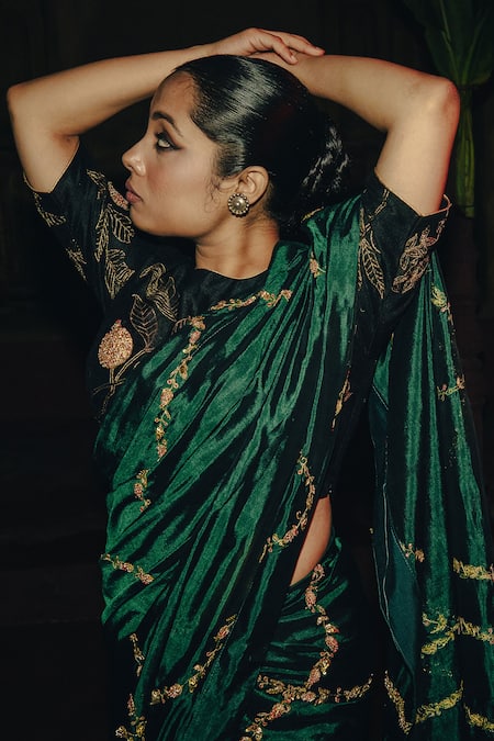 Label Earthen_Green Chanderi , Embroidery Ujjwla Flower Vine Saree _Online_at_Aza_Fashions
