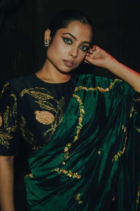 Buy_Label Earthen_Green Chanderi , Embroidery Ujjwla Flower Vine Saree _Online_at_Aza_Fashions